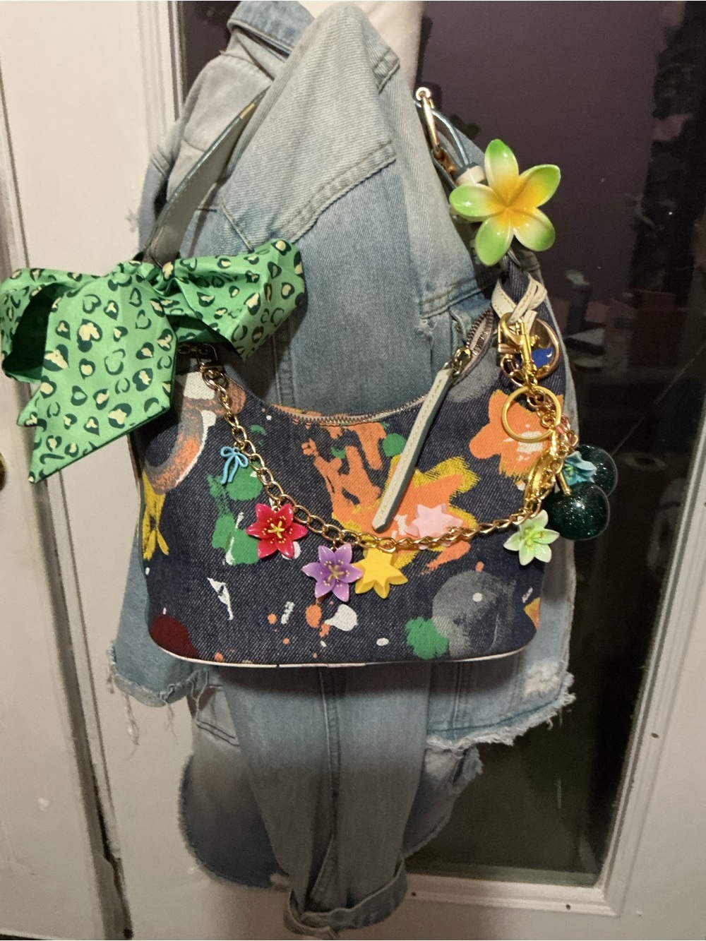 Paint-Splash Denim Shoulder Bag with Floral Charm - Green Accents